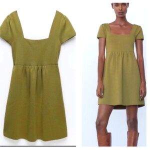 Zara Green Stretchy Knit Square Neck Skater Mini Dress NWT